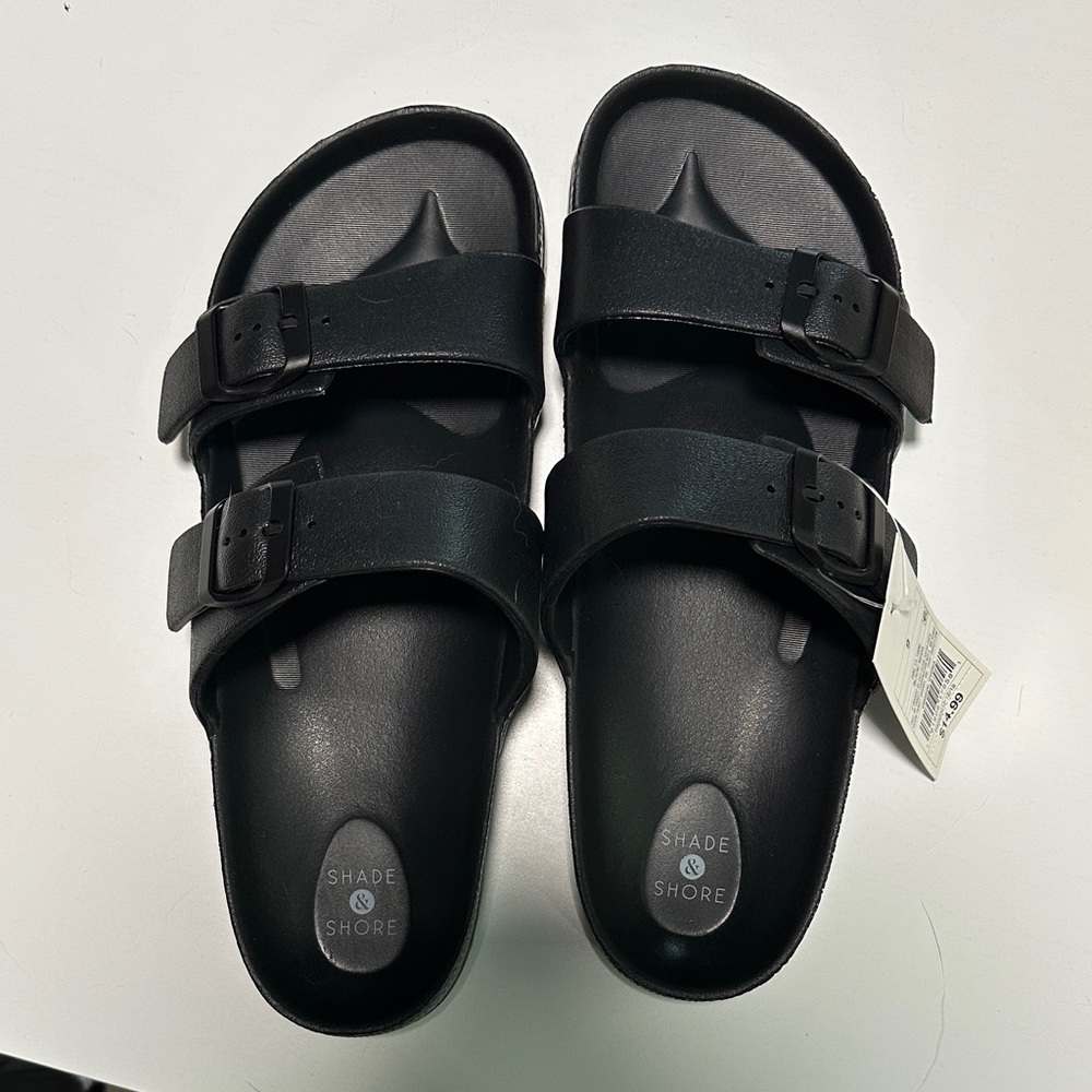 Shade & Shore Women’s Black Double-Buckle Slide Sandals, Adjustable Straps